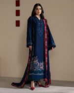 Afsafa Navy Blue Embroidered Egyptian Cotton 3 Piece Suit with Maroon Dupatta