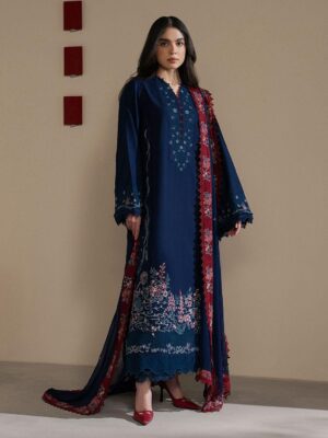Afsafa Navy Blue Embroidered Egyptian Cotton 3 Piece Suit with Maroon Dupatta