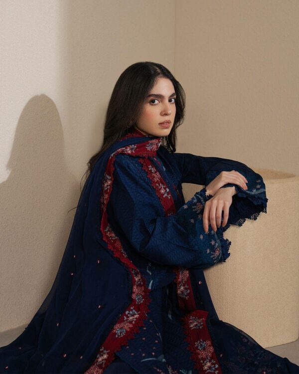 Afsafa Navy Blue Embroidered Egyptian Cotton 3 Piece Suit with Maroon Dupatta