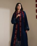 Afsafa Navy Blue Embroidered Egyptian Cotton 3 Piece Suit with Maroon Dupatta