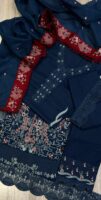 Afsafa Navy Blue Embroidered Egyptian Cotton 3 Piece Suit with Maroon Dupatta