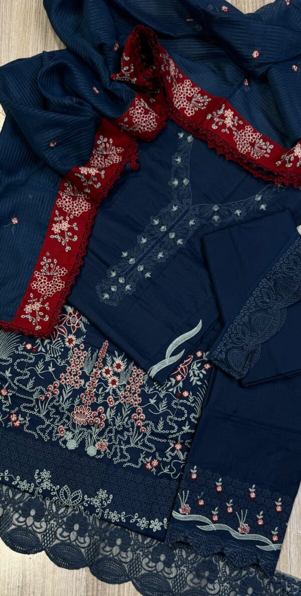Afsafa Navy Blue Embroidered Egyptian Cotton 3 Piece Suit with Maroon Dupatta