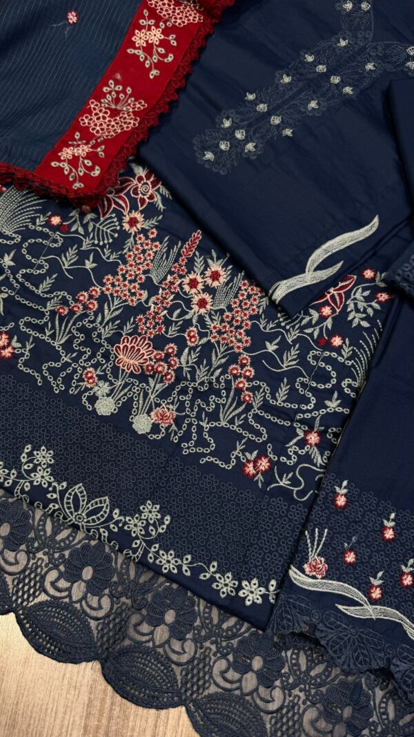 Afsafa Navy Blue Embroidered Egyptian Cotton 3 Piece Suit with Maroon Dupatta