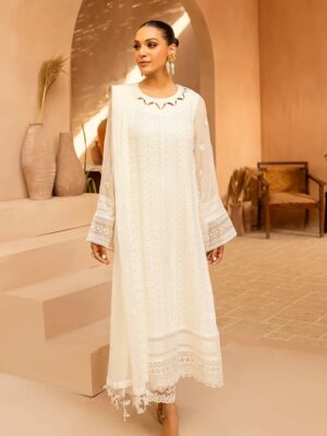 Afsafa White Embroidered Semi Pure Chiffon 3 Piece Suit