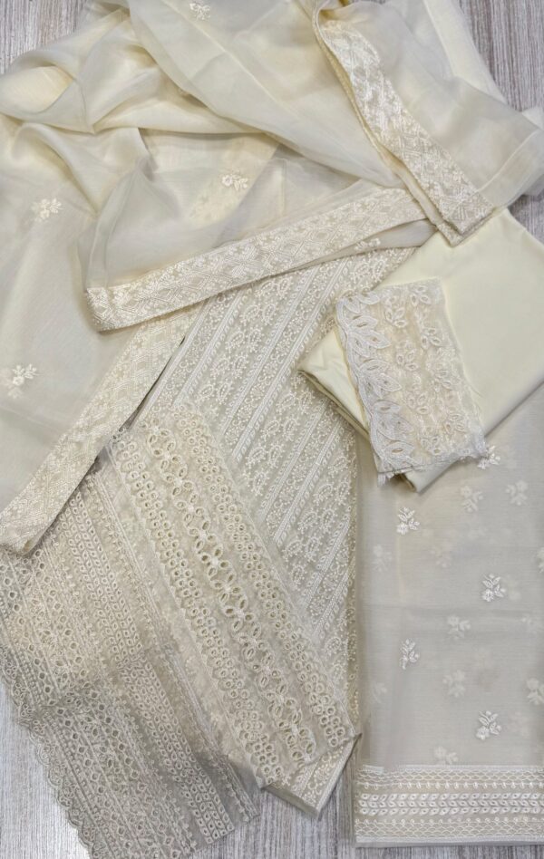 Afsafa White Embroidered Semi Pure Chiffon 3 Piece Suit