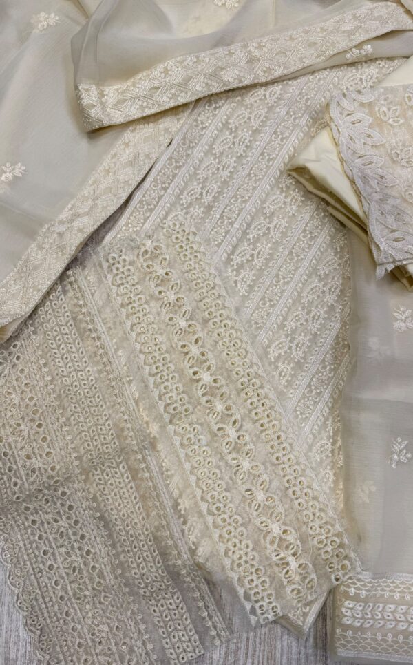 Afsafa White Embroidered Semi Pure Chiffon 3 Piece Suit