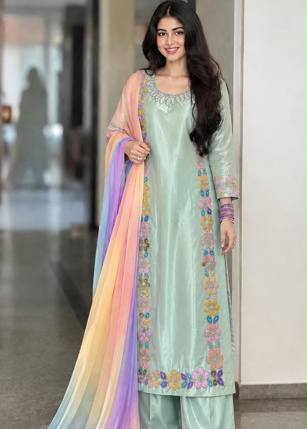 Afsafa Mint Green Floral Embroidered 3 Piece Suit with Multicolor Dupatta