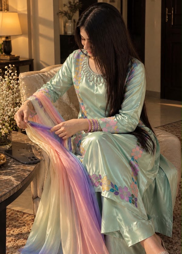 Afsafa Mint Green Floral Embroidered 3 Piece Suit with Multicolor Dupatta