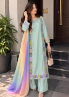 Afsafa Mint Green Floral Embroidered 3 Piece Suit with Multicolor Dupatta