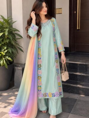 Afsafa Mint Green Floral Embroidered 3 Piece Suit with Multicolor Dupatta