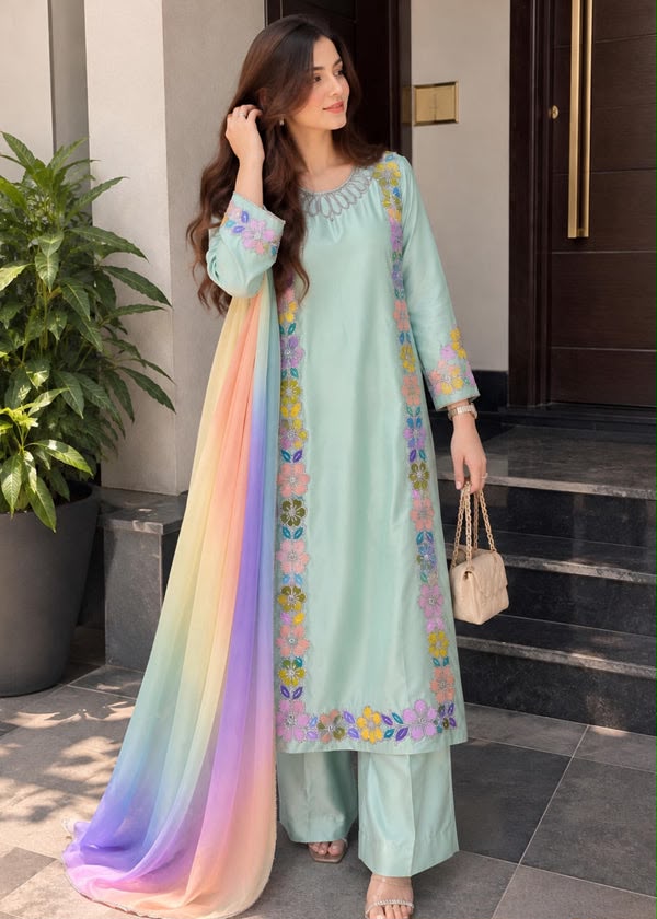 Afsafa Mint Green Floral Embroidered 3 Piece Suit with Multicolor Dupatta