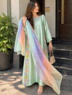 Afsafa Mint Green Floral Embroidered 3 Piece Suit with Multicolor Dupatta