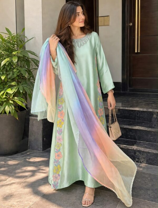 Afsafa Mint Green Floral Embroidered 3 Piece Suit with Multicolor Dupatta