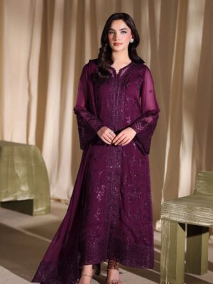 Afsafa Plum Heavy Embroidered Chiffon 3 Piece Suit