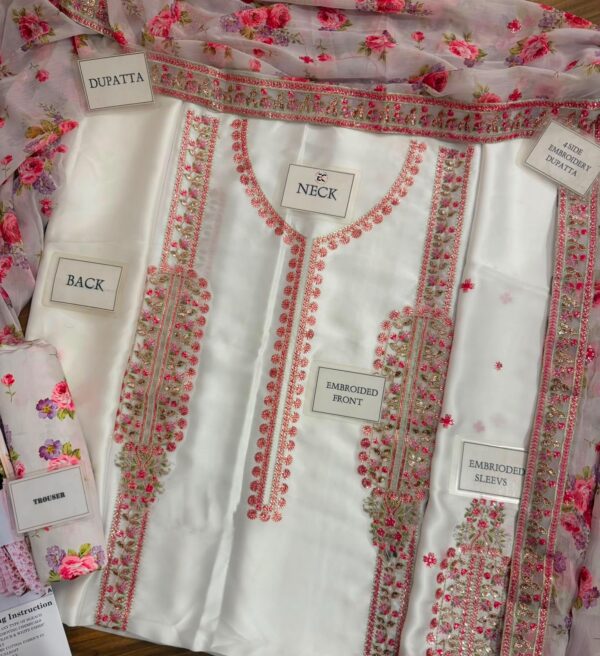 Afsafa White Floral Printed Silk 3 Piece Suit
