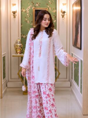 Afsafa White Floral Printed Silk 3 Piece Suit