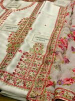 Afsafa White Floral Printed Silk 3 Piece Suit