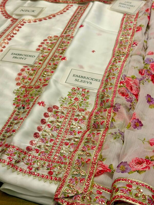 Afsafa White Floral Printed Silk 3 Piece Suit