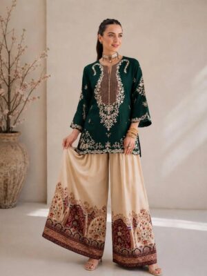 Afsafa Emerald Green Embroidered Silk 2 Piece Suit