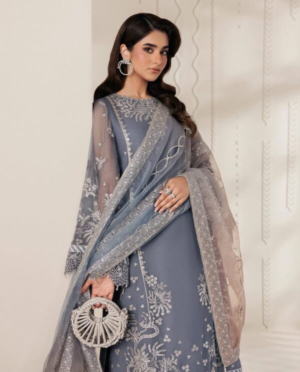 Afsafa Grey Blue Sequin Embroidered Organza Dupatta Suit