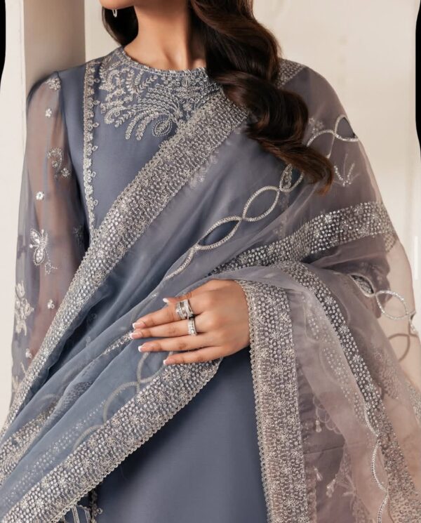 Afsafa Grey Blue Sequin Embroidered Organza Dupatta Suit