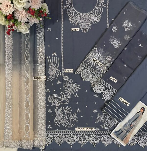 Afsafa Grey Blue Sequin Embroidered Organza Dupatta Suit