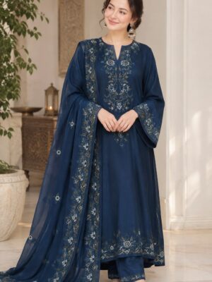 Afsafa Navy Blue Embroidered Shamoz Silk 3 Piece Suit