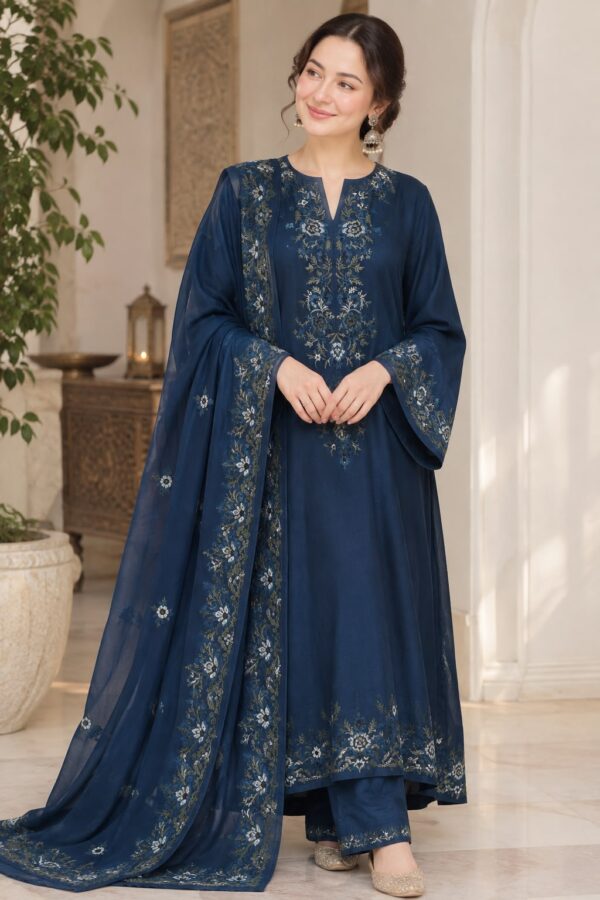 Afsafa Navy Blue Embroidered Shamoz Silk 3 Piece Suit