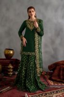 Afsafa Dark Green Heavy Embroidered Chiffon Suit