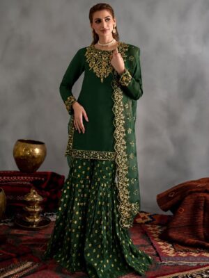 Afsafa Dark Green Heavy Embroidered Chiffon Suit