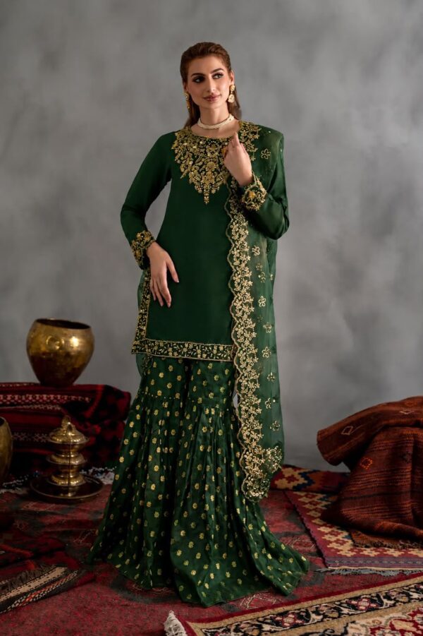 Afsafa Dark Green Heavy Embroidered Chiffon Suit