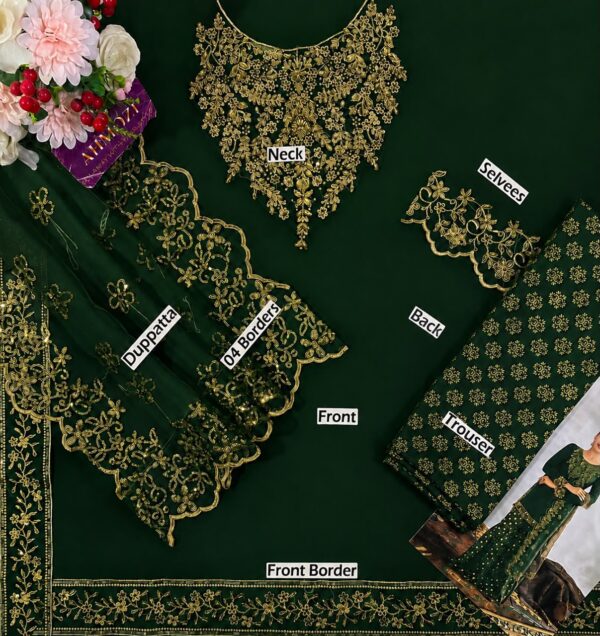 Afsafa Dark Green Heavy Embroidered Chiffon Suit