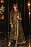 Afsafa Olive Green Sequin Embroidered Chiffon Suit