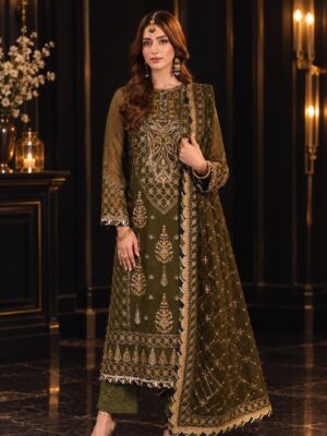 Afsafa Olive Green Sequin Embroidered Chiffon Suit