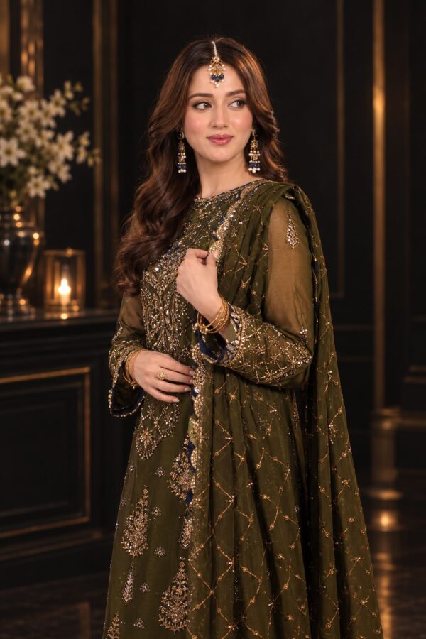 Afsafa Olive Green Sequin Embroidered Chiffon Suit