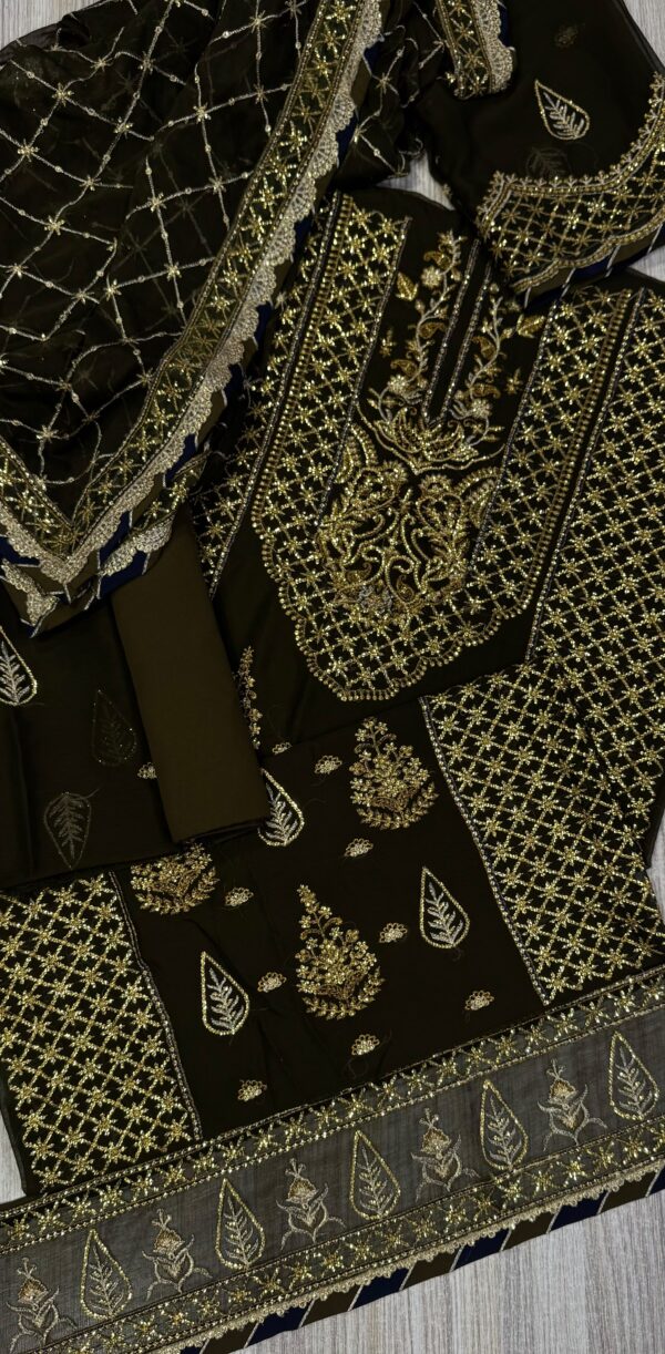 Afsafa Olive Green Sequin Embroidered Chiffon Suit