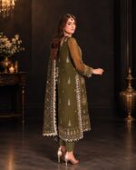 Afsafa Olive Green Sequin Embroidered Chiffon Suit