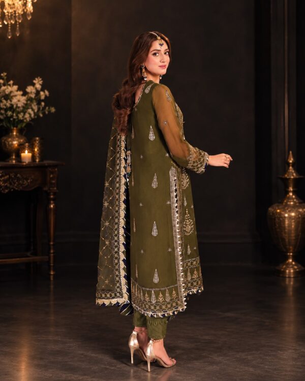 Afsafa Olive Green Sequin Embroidered Chiffon Suit