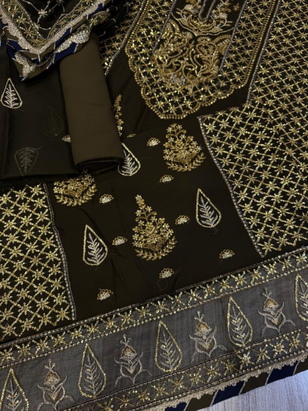 Afsafa Olive Green Sequin Embroidered Chiffon Suit