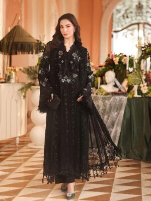 Afsafa Black Heavy Embroidered Bamber Chiffon Suit