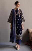 Afsafa Navy Blue Embroidered Velvet 3 Piece Suit
