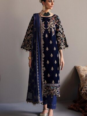 Afsafa Navy Blue Embroidered Velvet 3 Piece Suit