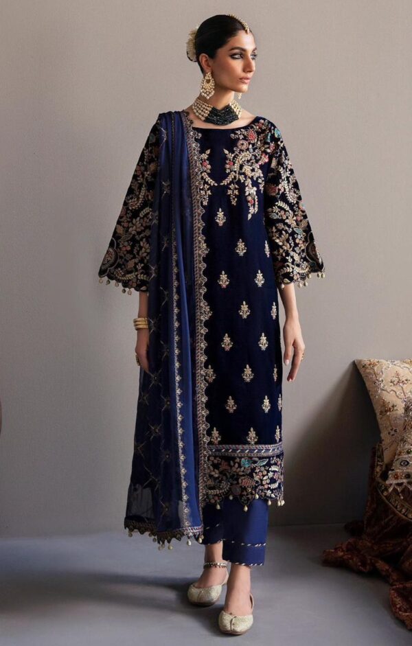 Afsafa Navy Blue Embroidered Velvet 3 Piece Suit