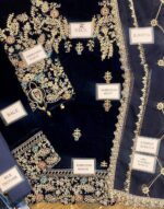 Afsafa Navy Blue Embroidered Velvet 3 Piece Suit