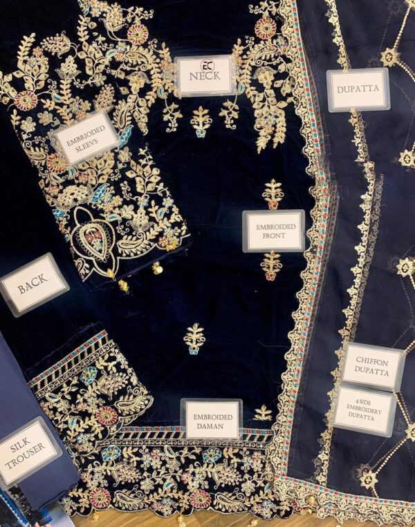 Afsafa Navy Blue Embroidered Velvet 3 Piece Suit