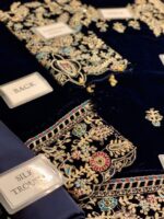 Afsafa Navy Blue Embroidered Velvet 3 Piece Suit