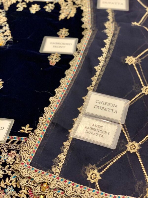 Afsafa Navy Blue Embroidered Velvet 3 Piece Suit