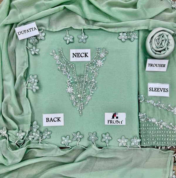 Afsafa Mint Green Embroidered Chiffon 3 Piece Suit