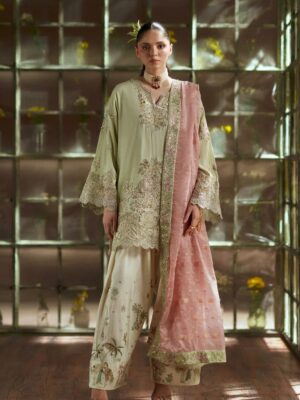 Afsafa Sage Embroidered Raw Silk 3 Piece Suit