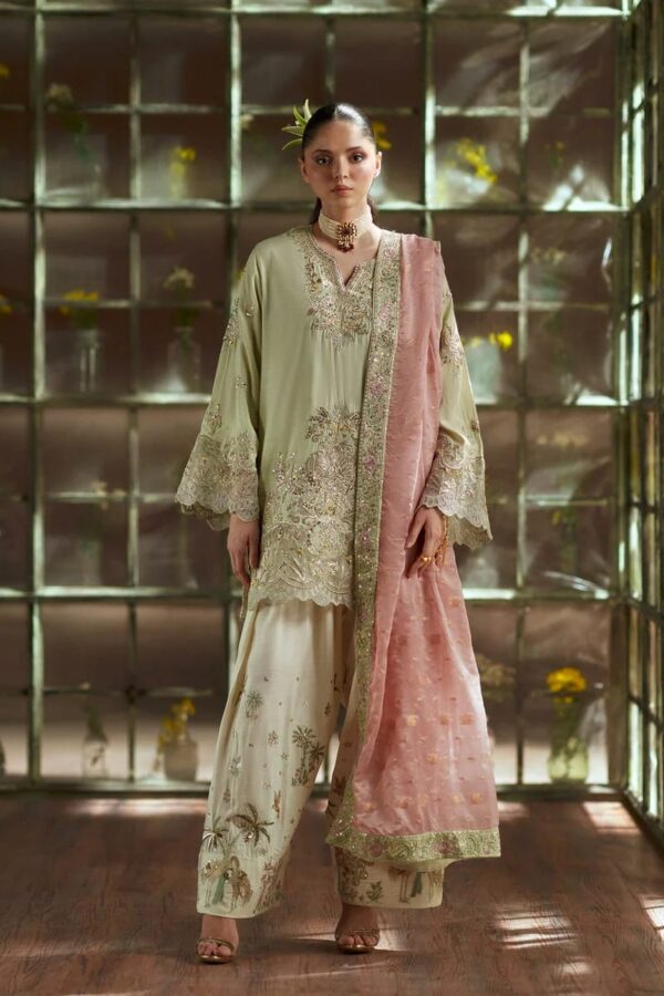 Afsafa Sage Embroidered Raw Silk 3 Piece Suit